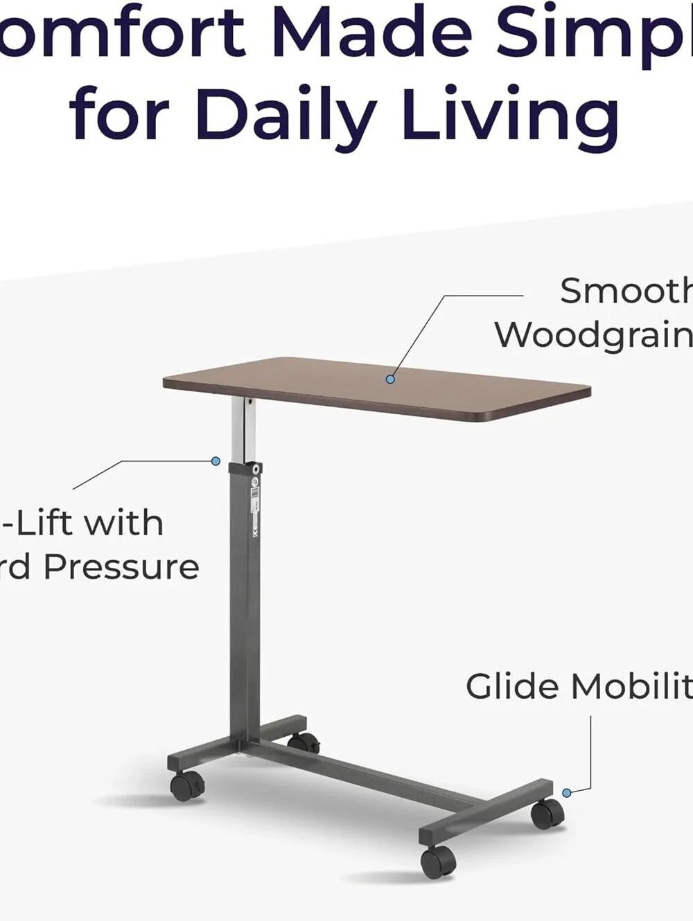 Drive Medical Overbed Table with Wheels - Silver Vein